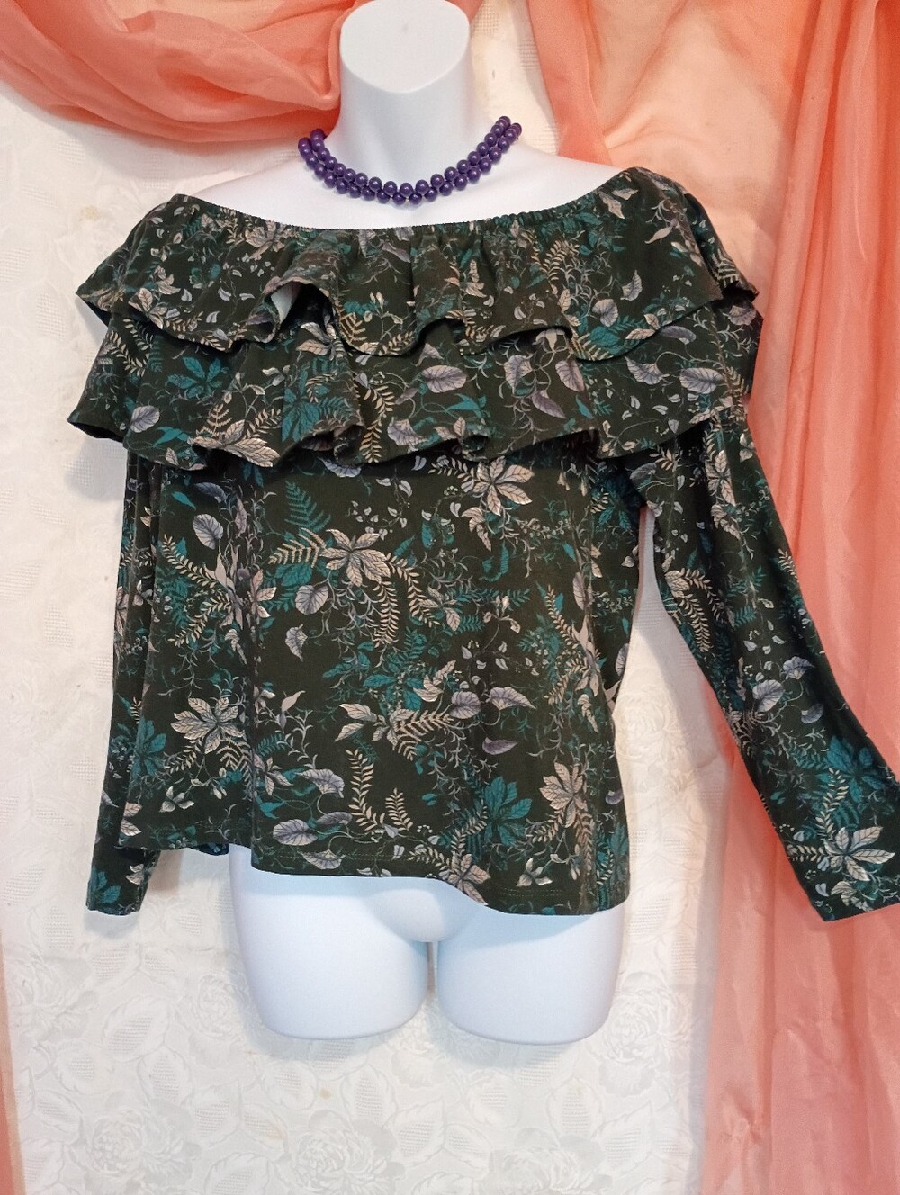 H&M Ladies Forest Green Floral Off-Shoulder Ruffle Blouse Sz XL